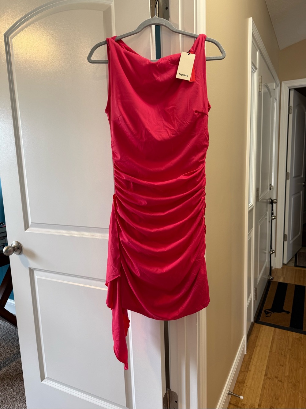 Popilush Shapewear Ruched Bodycon Cascade Mini Dress - L / Pink - Picture 6 of 6